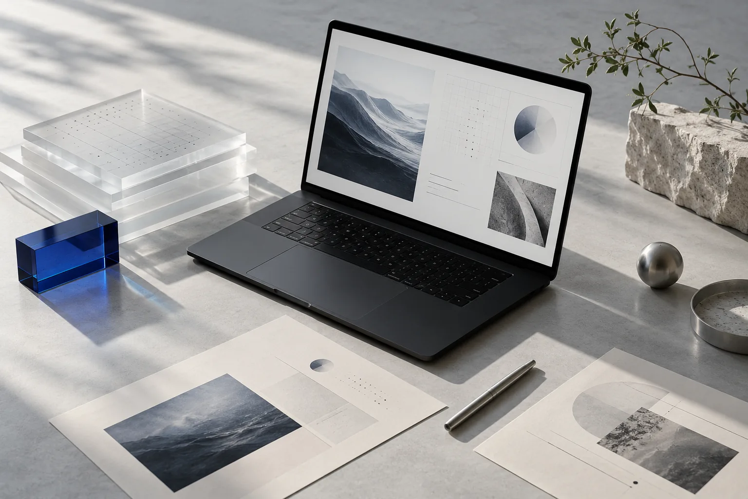 Conceptual still life of a laptop, layered data sheets and editorial materials on a sunlit work surface